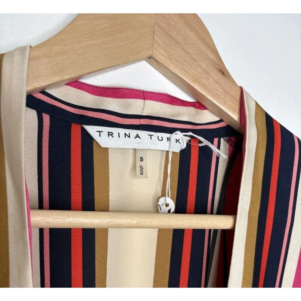 Trina Turk Open Kimono Multi Stripe Geometric Signature Print Satin Jacket S